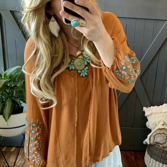 Figleaffashion Tops - Plus Size Embroidered Long Sleeve Mustard Blouse